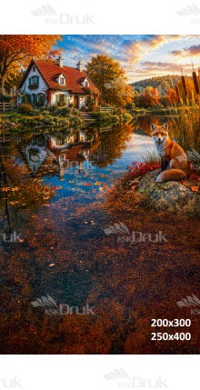 Tło fotograficzne „Jesienny domek nad jeziorem z lisem” | J_276